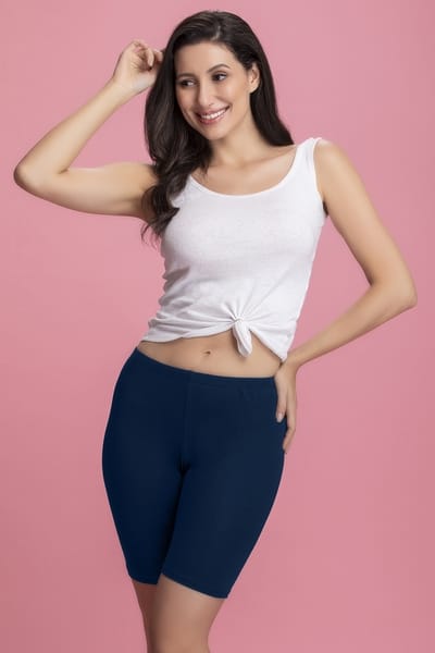 Clovia Mid Waist Cycling Shorts in Navy - Cotton