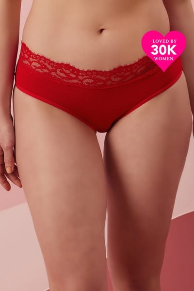 Clovia Mid Waist Hipster Panty with Lace Waist in Red- Cotton & Lace
