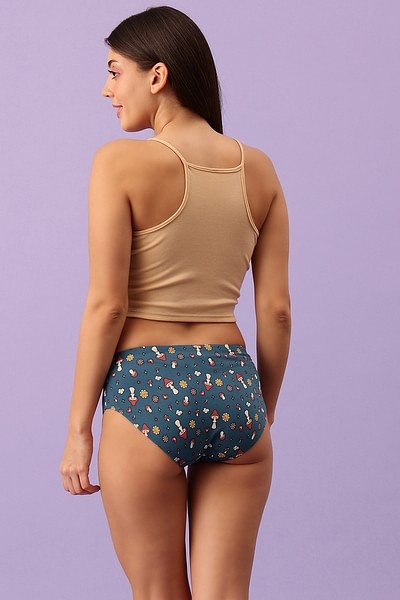 Buy Mid Waist Printed Hipster Panty in Blue with Inner Elastic