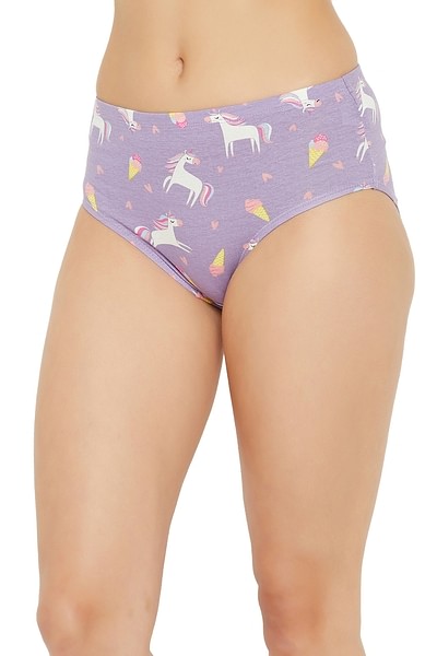 Buy Mid Waist Unicorn Print Hipster Panty in Lilac with Inner