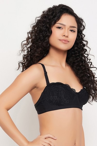 Buy Non-Padded Non-Wired Demi Cup Balconette Bra in Black - Lace