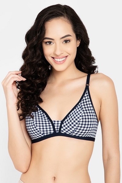 Buy Non-Padded Non-Wired Demi Cup Checkered Plunge Bra in Navy