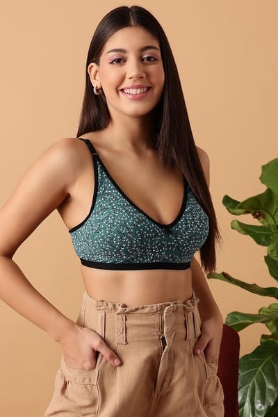 Clovia Non-Padded Non-Wired Demi Cup Leaf Print Bra in Teal Blue - Cotton