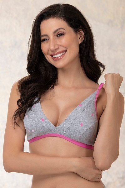 Buy Non-Padded Non-Wired Demi Cup Star Print Plunge Bra in Grey