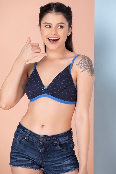Buy Non-Padded Non-Wired Paisley Print Demi Cup Plunge Bra in Navy