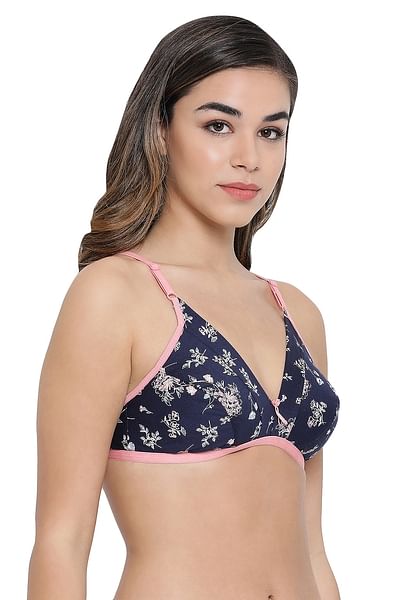 Buy Non-Padded Non-Wired Floral Print Bra in Navy Blue