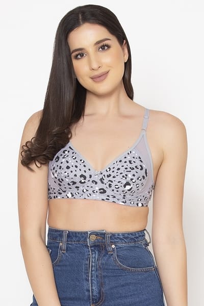 Clovia Non-Padded Non-Wired Full Cup Animal Print Bra in Light Grey - Cotton