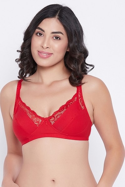 Buy Non-Padded Non-Wired Full Cup Bra in Red - Cotton Online India