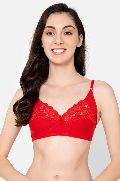 Buy Clovia Lace Lightly Padded Underwired Balconette Bra With Cage Back Red  In Red