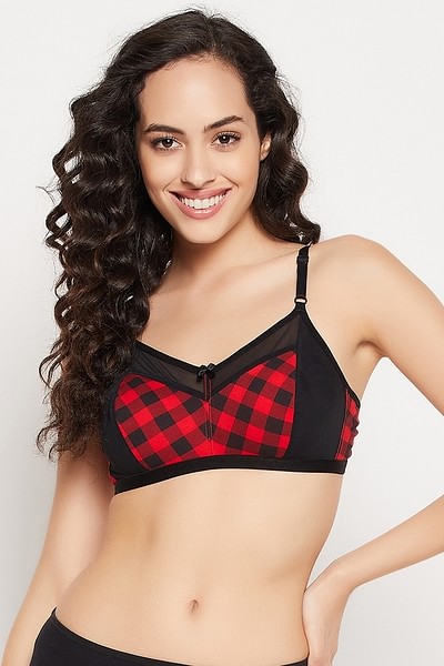 Buy Non-Padded Non-Wired Full Cup Checkered Bra in Black - Cotton