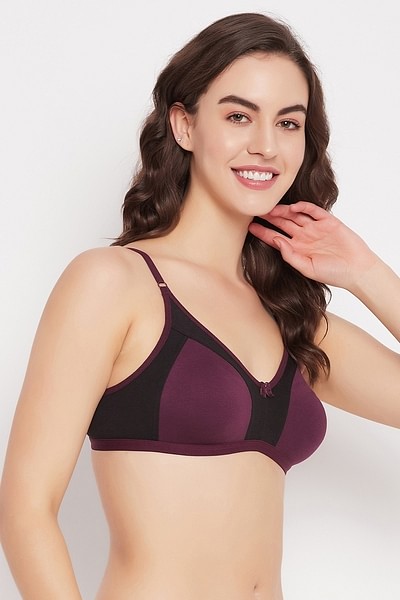 Buy Non-Padded Non-Wired Full Cup Colourblocked Bra in Wine Colour - Cotton  Rich Online India, Best Prices, COD - Clovia - BR0349A15