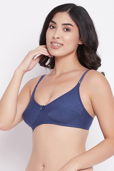 Non-Padded Non-Wired Full Cup Everyday Bra in Royal Blue Melange - Cotton