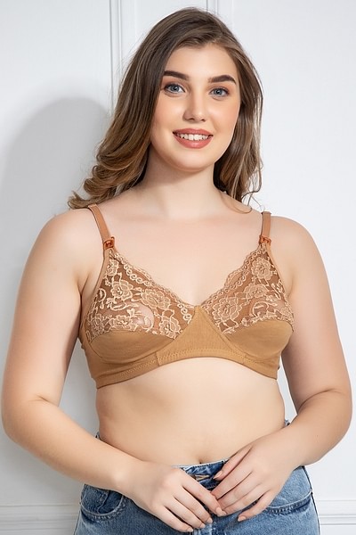  Womens Full Coverage Plus Size Floral Lace Underwired Bra  Non Padded Comfort Bra 32DDD Beige