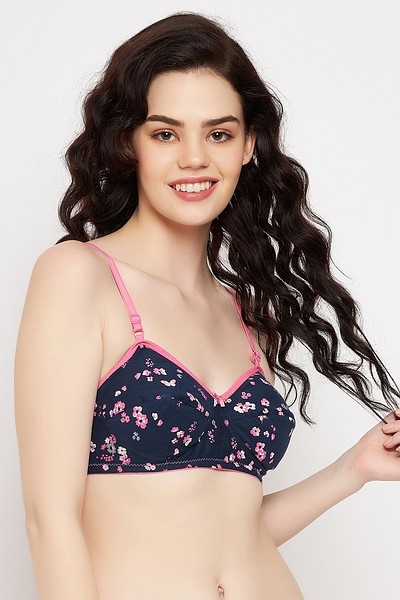 Buy Non-Padded Non-Wired Full Cup Floral Print Balconette Bra in Navy -  Cotton Online India, Best Prices, COD - Clovia - BR0857B08