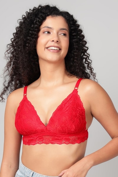 Non-Padded Non-Wired Demi Cup Longline Bralette in Red Lace