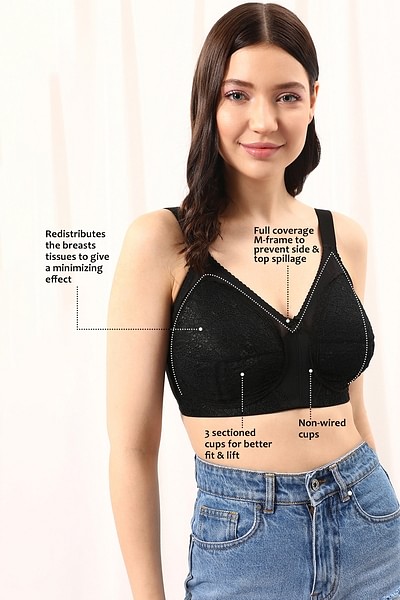 Buy Non-Padded Non-Wired Full Cup Minimiser Bra in Black - Lace