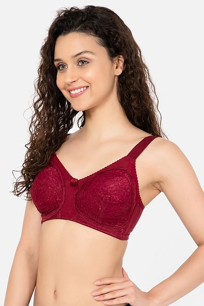 Buy Non-Padded Non-Wired Full Coverage Bra in Maroon- Lace & Cotton Online  India, Best Prices, COD - Clovia - BR2027P09