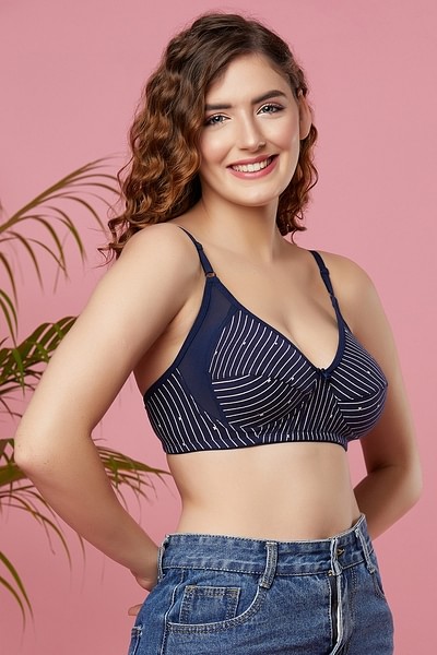 Buy Non-Padded Non-Wired Full Cup Striped Bra in Indigo Blue - 100