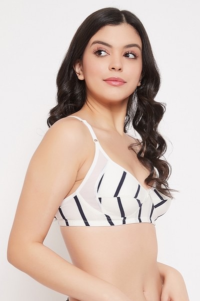 Non-Padded Non-Wired Full Cup Striped Bra in White - Cotton
