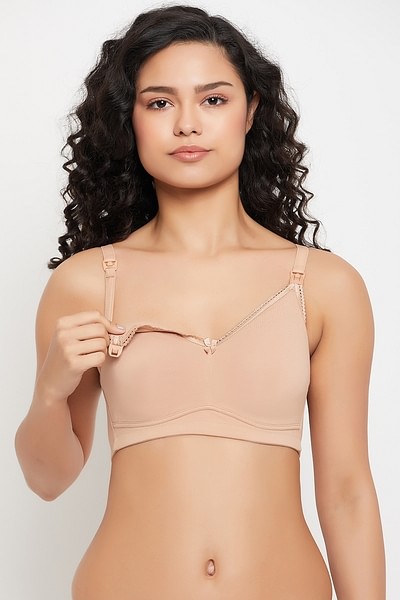 Clovia Cotton Solid Lightly Padded Full Cup Wire Free Maternity Bra - Nude
