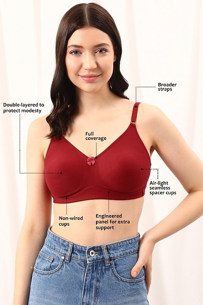 Buy Non-Padded Non-Wired Full Cup T-shirt Bra in Maroon - Cotton