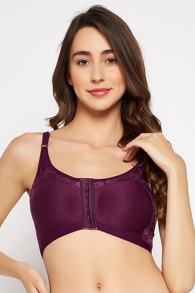 Non-Padded Non-Wired Spacer Cup Easy-On Front Open Full Figure Bra in Wine  Colour - Cotton Rich