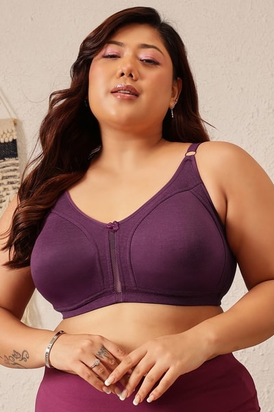 Non-Padded Non-Wired Spacer Cup Full Figure Bra in Plum Colour Cotton