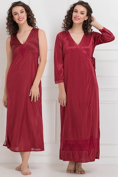 Buy Short Night Dress & Full Sleeves Robe Set in Maroon- Satin Online  India, Best Prices, COD - Clovia - NS0799P09