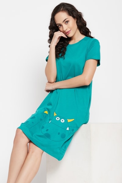 Buy Monster Emoji Print Short Night Dress in Teal Green - 100% Cotton  Online - Clovia
