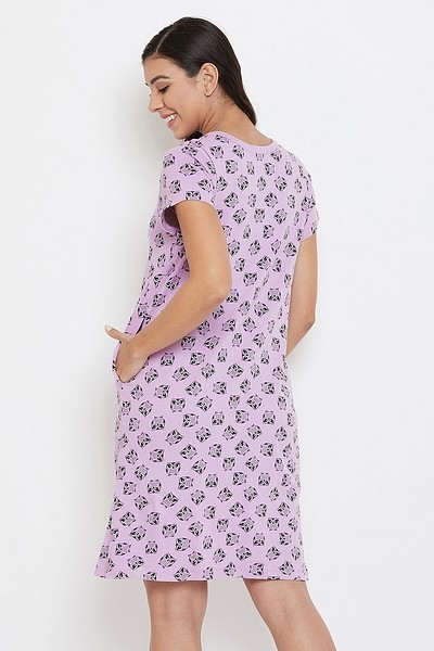 Buy Owl Print Short Night Dress in Lilac - 100% Cotton Online