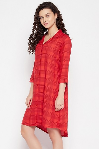Buy Classic Checks Button Down Sleep Shirt in Red - Rayon Online India,  Best Prices, COD - Clovia - NS1392P04
