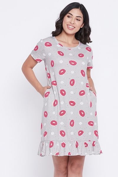 Buy Donut Print Short Night Dress in Light Grey 100 Cotton