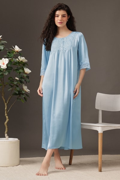Buy Chic Long Nighty in Light Blue - Satin Online - Clovia