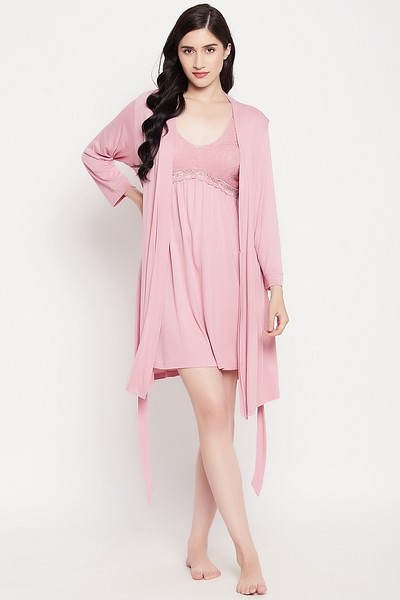 Buy Chic Basic Short Night Dress & Robe Set in Baby Pink - Cotton