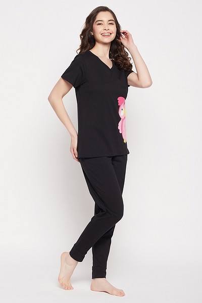 Buy Owl Print Top & Pyjama in Black - 100% Cotton Online India