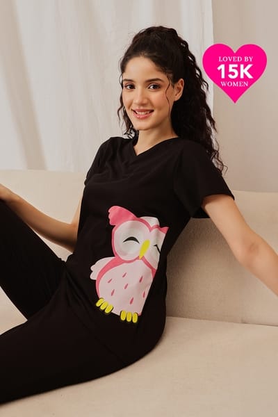 Clovia Owl Print Top & Pyjama in Black - 100% Cotton