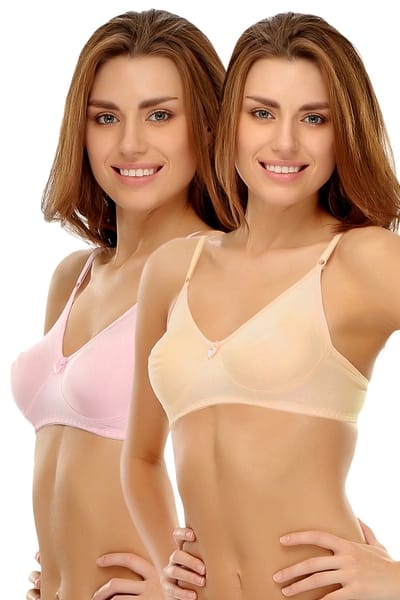 Clovia Pack of 2 Non-Padded Non-Wired Full Coverage T-shirt Bras in Baby Pink and Nude Colour - Cotton