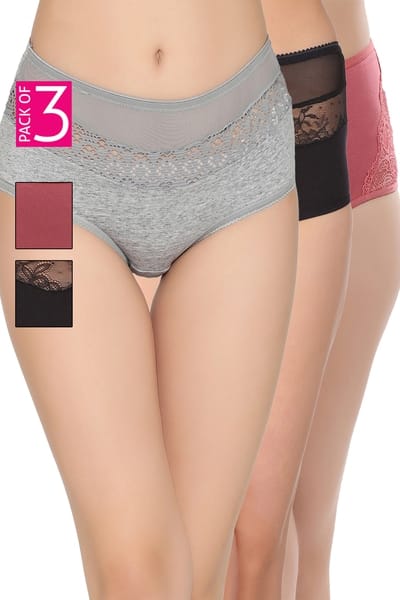 Clovia Pack of 3 High-Waist Hipster Panties with Lace - Cotton