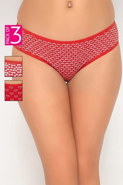 Clovia Pack of 3 Low Waist Printed Bikini Panties in Red - Cotton