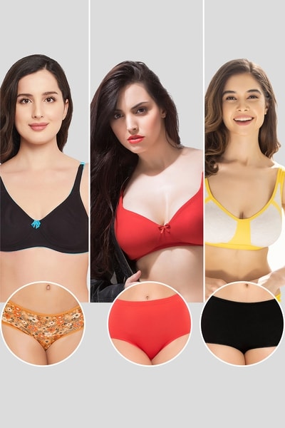 Pack of Non-Padded Non-Wired Bras Hipster Panties