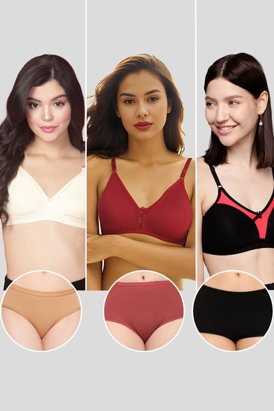 Pack of 6- Non-Padded Non-Wired Bras Hipster Panties