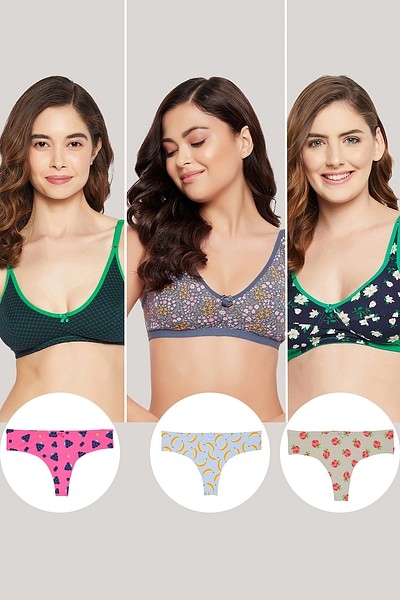 Buy Pack of 6 Non-Padded Bras & Low Waist Thongs - Cotton Online
