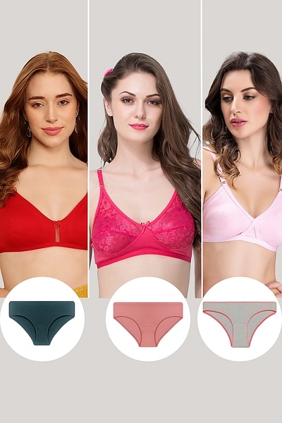 Buy Pack of 6 Non-Padded Non-Wired Bras & Low Waist Thongs Online India,  Best Prices, COD - Clovia - BRC181Q99