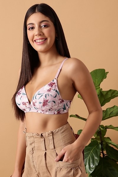 Buy Non-Padded Non-Wired Demi Cup Floral Print Plunge Bra in Grey - Cotton  Online India, Best Prices, COD - Clovia - BR2312A01