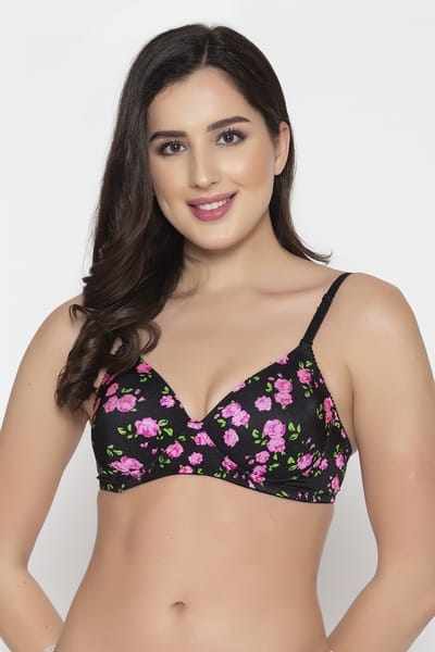 Clovia Padded Non-Wired Floral Print Multiway T-shirt Bra in Black