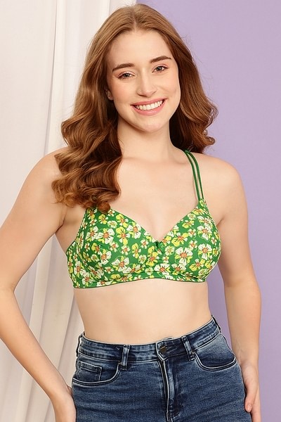 Buy Padded Non-Wired Floral Print T-shirt Bra in Green Online