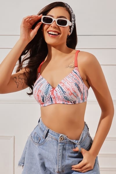 Clovia Padded Non-Wired Full Coverage Abstract Print Multiway T-shirt Bra in Peach Colour - Cotton