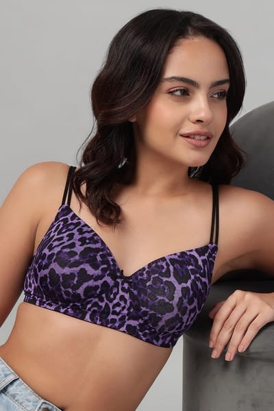 Clovia Padded Non-Wired Full Coverage Animal Print T-shirt Bra in Dark Purple with Dual Straps