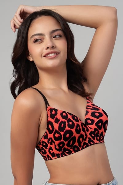 Clovia Padded Non-Wired Full Coverage Animal Print T-shirt Bra in Dark Orange