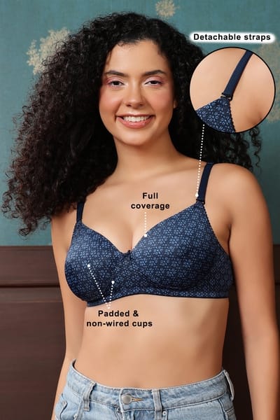 Clovia Padded Non-Wired Full Coverage Floral Print Multiway T-shirt Bra in Navy Colour